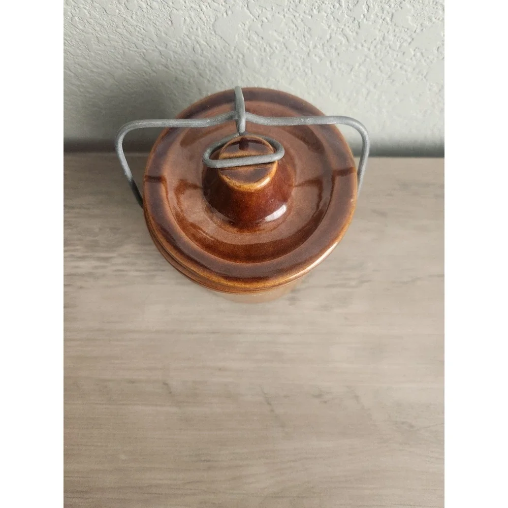 Vintage Brown Glazed Stoneware Cheese/Butter Crock with Bail Clamp Lid - 5 